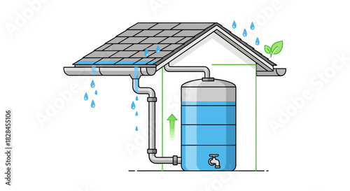 Illustration of rainwater harvesting system with roof, gutters, tank and purification process