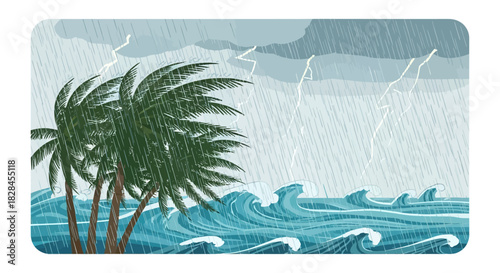 Tropical storm illustration featuring swaying palms, torrential rain and stormy sea