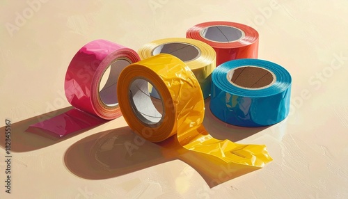 Five colorful tape rolls stretch across light—ritual of adhesion and arrangement, where glossy strips and vibrant hues choreograph the emotional architecture of craft, repair, and playful precision.