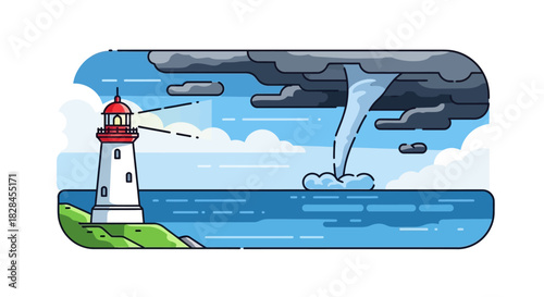 Seaside beacon withstands the impending coastal tempest, a waterspout forming offshore