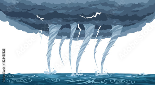 Cartoon water spouts emerge from stormy clouds, creating a surreal scene at sea