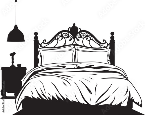 Black and white illustration of a bed with nightstand and lamp
