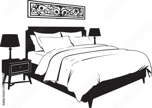 Black and white drawing of a bedroom with a bed and nightstand
