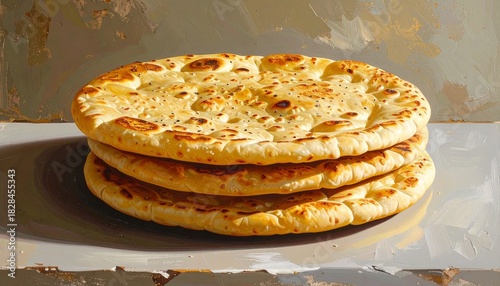 Three stacked naan breads rest in warm light—ritual of nourishment and tradition, where golden spots and soft folds choreograph the emotional architecture of heritage and communal sustenance.