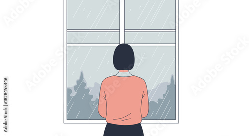 Illustration of a woman gazing through a window at a peaceful winter landscape graphic
