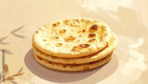 Three stacked naan breads rest in warm light—ritual of nourishment and tradition, where golden spots and soft folds choreograph the emotional architecture of heritage and communal sustenance.