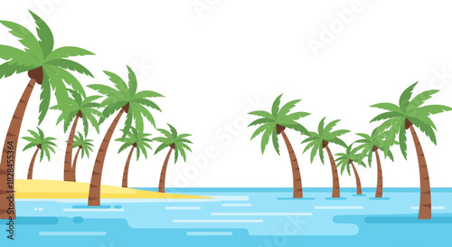 Tropical paradise scene with palm trees and turquoise water, idyllic coast background, perfect for