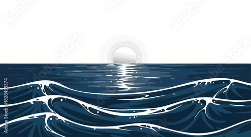 Stylized ocean waves illustration with a minimalist rising sun vector landscape