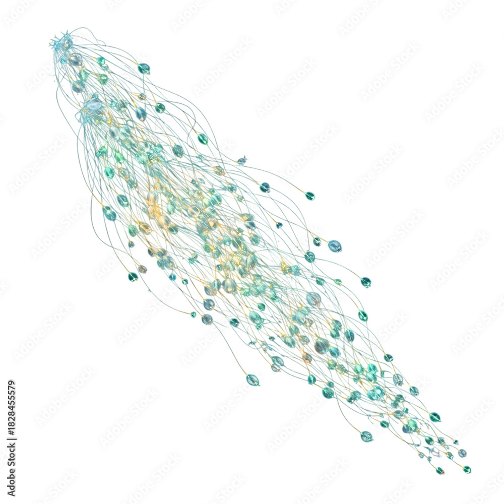 Obraz premium Abstract teal and gold beaded strings creating a festive and elegant ethereal effect with a black background perfect for graphic design and creative projects