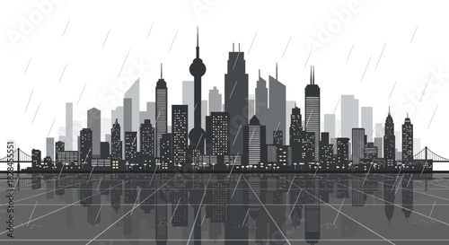 Monochromatic cityscape reflecting on a wet surface under rain minimalist design style