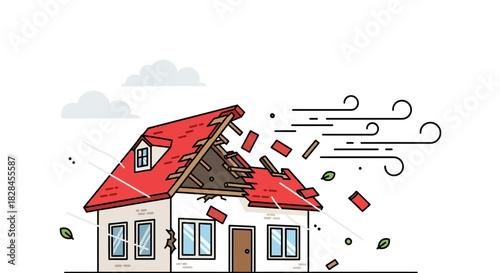 Illustration depicting a house with damaged roof, symbolizing storm damage, illustrating weather