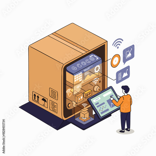 A user interacts with a futuristic smart packaging solution, overseeing real-time data analytics and digital information for optimized logistics and efficient delivery.