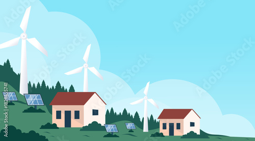 Renewable Energy Landscape with Wind Turbines, Solar Panels, and Green Eco Environment Vector
