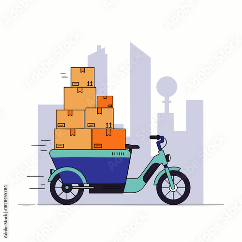 An efficient eco-friendly cargo bike swiftly transports numerous cardboard boxes through a modern urban environment, symbolizing rapid e-commerce delivery.