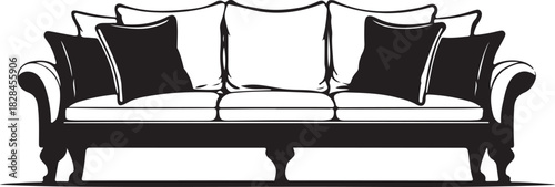 Black and white illustration of a sofa with pillows