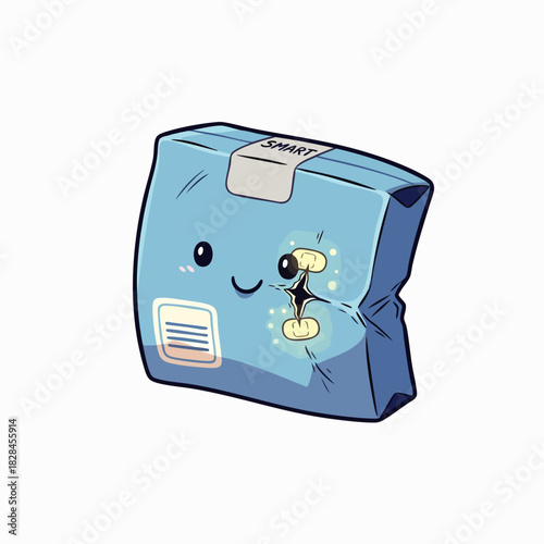 A charming cartoon blue package with a friendly face displays a small puncture, suggesting a minor leak or glowing contents, isolated on white.