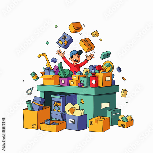 A joyful person is overwhelmed with an abundance of packages and various items, depicting a successful shopping spree or a massive delivery.