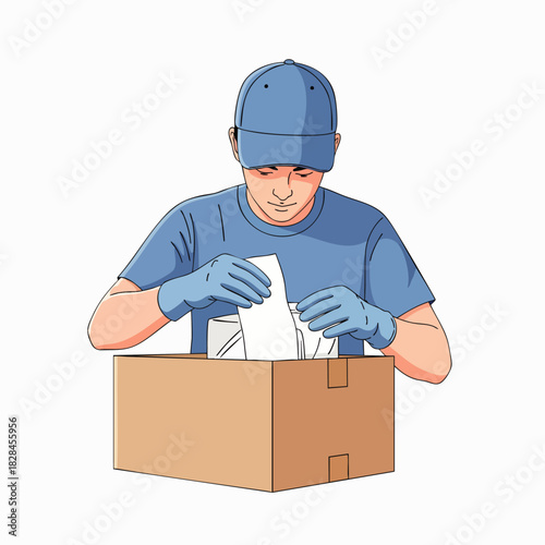 A diligent worker in blue gloves and cap carefully sorts and packs items into a sturdy cardboard box, preparing for efficient delivery or organized storage.