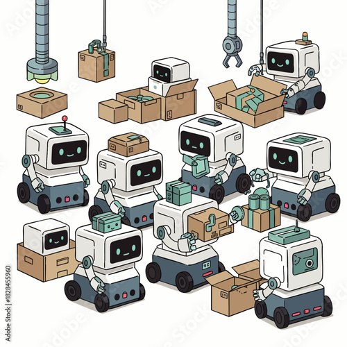 A cheerful team of autonomous mobile robots efficiently manages packaging and logistics tasks within a modern, automated warehouse environment, symbolizing future industry.