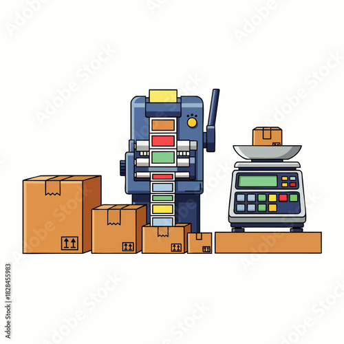 An illustration depicting an efficient packaging and labeling process, featuring a modern machine, various cardboard boxes, and a precise digital scale for accurate weighing.