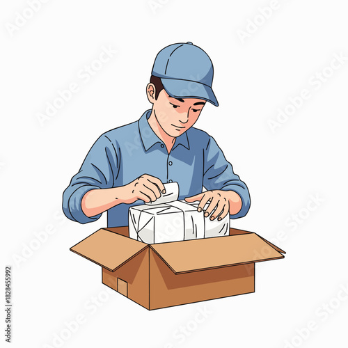 An attentive courier meticulously packs a white parcel into a brown shipping box, demonstrating efficient and reliable service for customers.