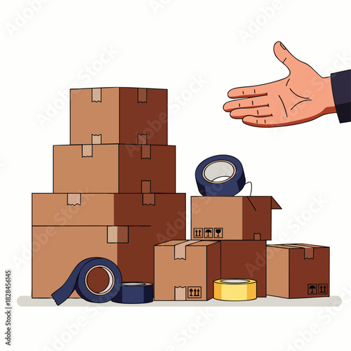 A hand reaches for stacked brown cardboard moving boxes and rolls of packing tape, illustrating efficient relocation and secure delivery.