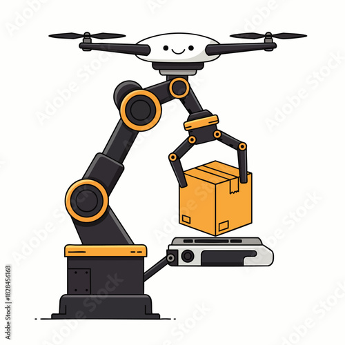 A charming cartoon illustration depicts an advanced robotic arm, topped with a friendly drone, efficiently handling a package for futuristic automated delivery services.
