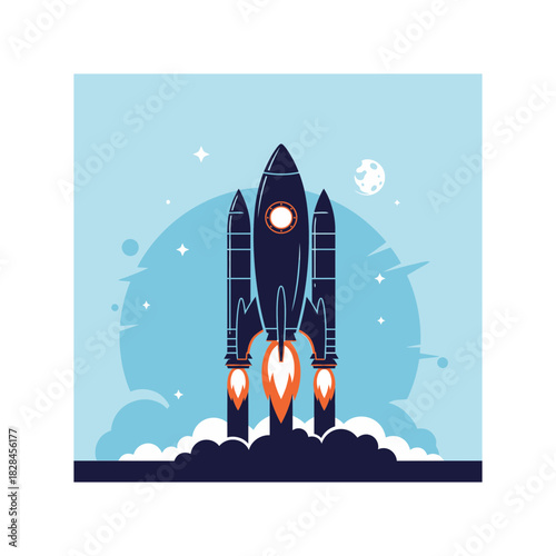 Rocket launching into space with stars and moon in the background on a clear day illustration