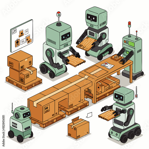 A vibrant isometric illustration showcases an advanced automated warehouse, where intelligent robots efficiently manage package sorting and logistical operations.