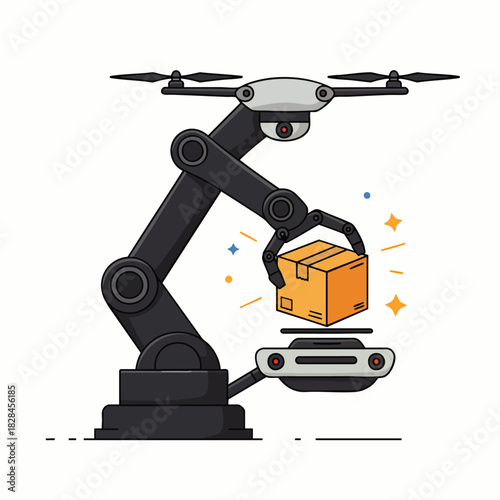 An advanced robotic arm, integrated with a modern drone system, efficiently handles a package, symbolizing innovative automated delivery and logistics solutions.