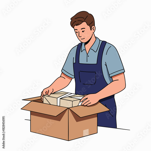A diligent male worker meticulously packs multiple small parcels into a brown cardboard shipping box, illustrating efficient logistics and order fulfillment.
