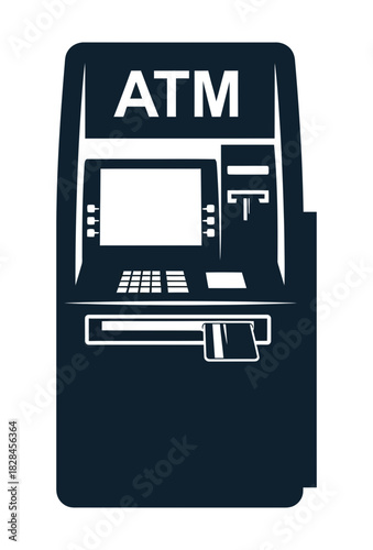 Simple dark blue ATM machine illustration for financial services and banking accessibility design element
