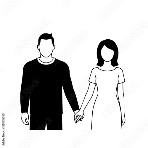 Silhouetted Couple Holding Hands in Simple Black and White Illustration.