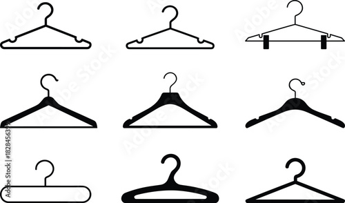 Clothing hanger silhouettes, vector hanger icons, fashion storage tools, garment support shapes, wardrobe accessories, black outline, minimalist design