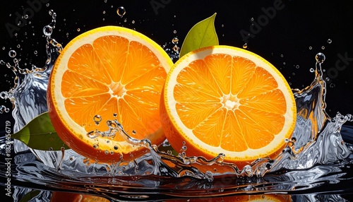 Two orange halves burst mid-splash—ritual of vitality and motion, where citrus segments and water droplets choreograph the sensory architecture of freshness and energetic release.