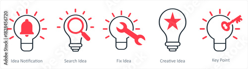A set of 5 business icons as idea notification, search idea, fix idea