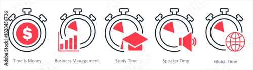 A set of 5 business icons as time is money, business management, study time