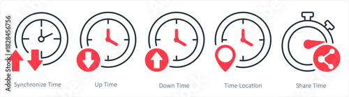 A set of 5 business icons as synchronize time, up time, down time