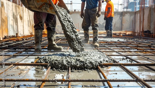 Workers spread concrete over rebar—ritual of labor and precision, where wet surfaces and bent bodies choreograph the foundational choreography of teamwork, structure, and built intention.