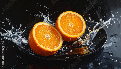 Two orange halves burst mid-splash—ritual of vitality and motion, where citrus segments and water droplets choreograph the sensory architecture of freshness and energetic release.