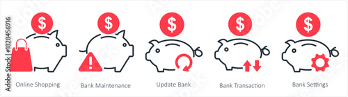 A set of 5 business icons as online shopping, bank maintenance, update bank