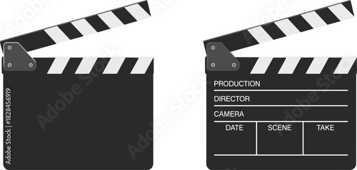 Film clapperboard icons, movie production tools, director slate vector, scene take board, filmmaking equipment, black outline, editable graphics