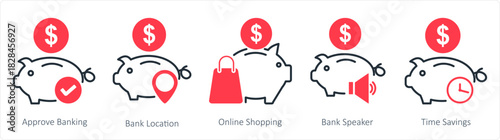 A set of 5 business icons as approve banking, bank location, online shopping