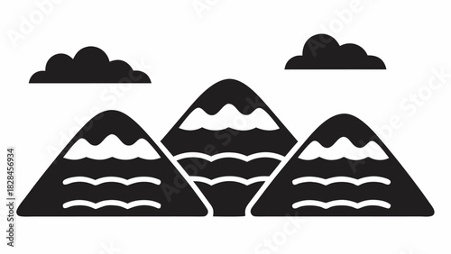 Minimalist mountain range scene with snow-capped peaks and fluffy clouds, perfect for nature lovers and outdoor enthusiasts, ideal for adventure-themed designs