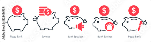 A set of 5 business icons as piggy bank, savings, bank speaker