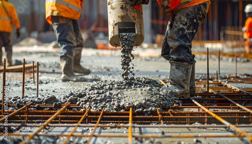 Workers spread concrete over rebar—ritual of labor and precision, where wet surfaces and bent bodies choreograph the foundational choreography of teamwork, structure, and built intention.