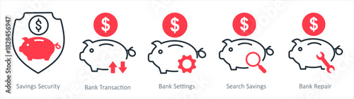 A set of 5 business icons as savings security, bank transaction, bank settings