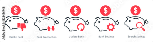 A set of 5 business icons as dislike bank, bank transaction, update bank