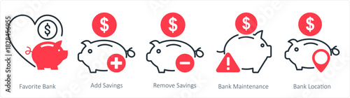 A set of 5 business icons as favorite bank, add savings, remove savings