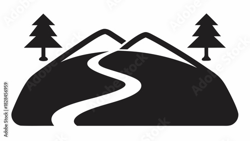 Scenic mountain landscape with winding path and pine trees, perfect for outdoor adventure branding or nature-inspired design projects, originally a vector graphic